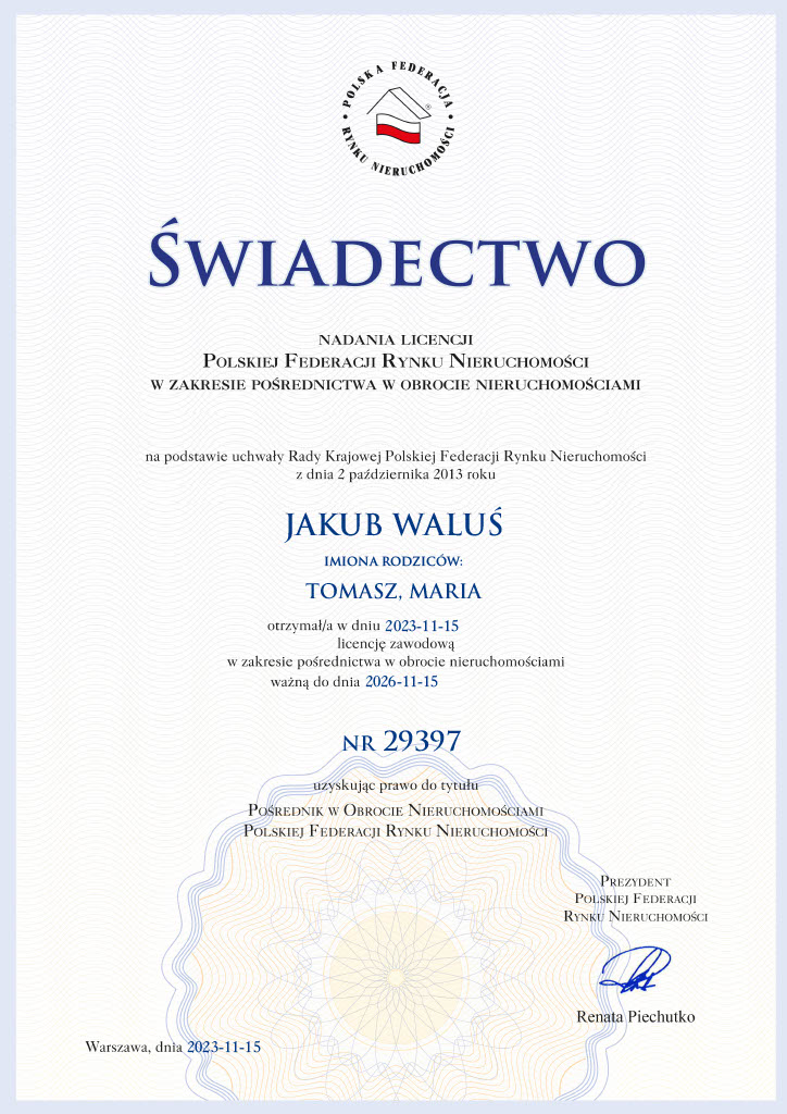Świadectwo licencji Jakuba Walusia